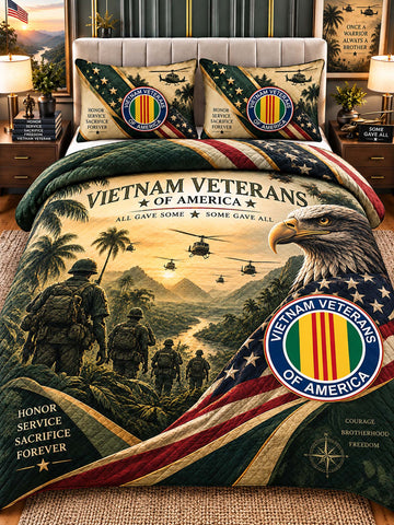 A military-themed bedding set featuring a Vietnam Veterans of America printed comforter and two matching pillow shams in a styled bedroom setting.